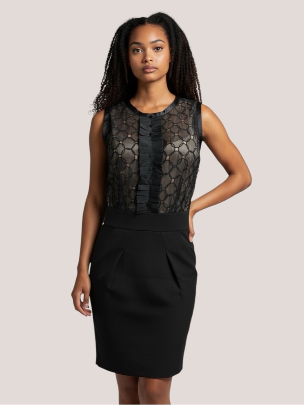 BCBG Sleeveless Black Sheer Lace Bodice Sheath Dress